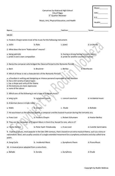 MAPEH 9 3rd Quarter Exam .